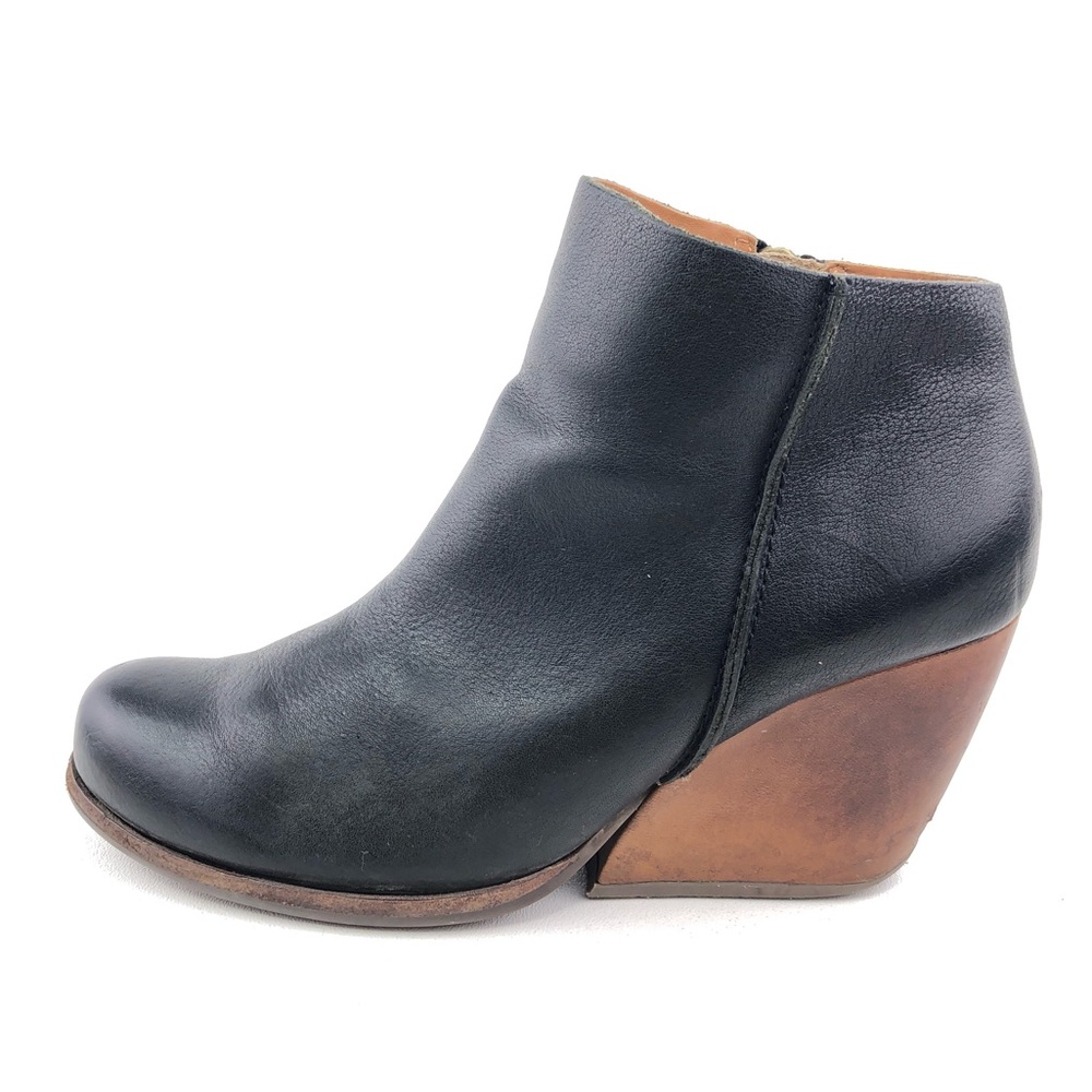 KorkEase Natalya Black Leather Wedge Booties Gem